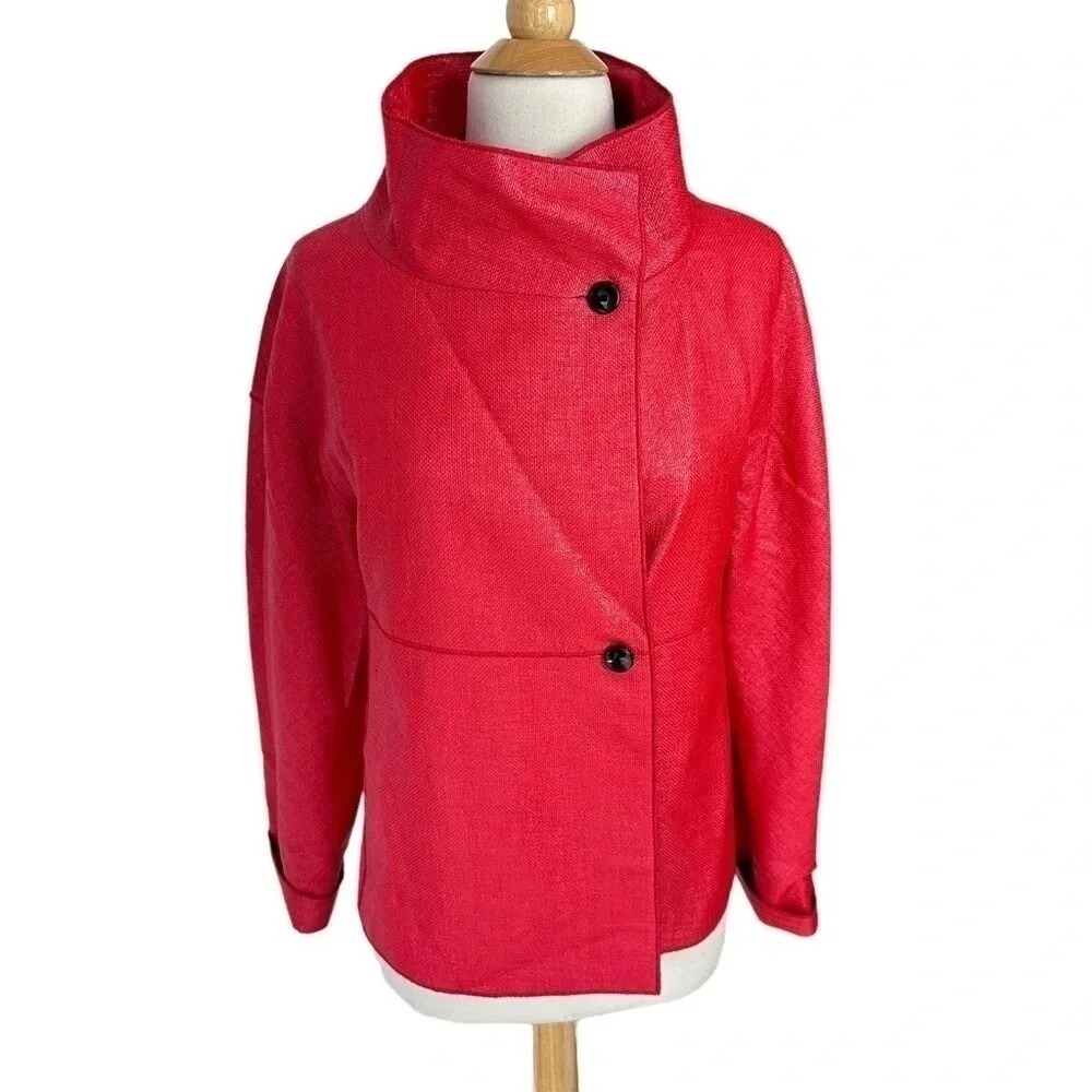 WORTH NEW YORK Red Textured Mock Neck Asymmetrical‎ Button Jacket Women's Size S